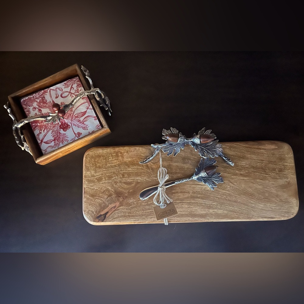 Mud Pie Acorn Cheeseboard and Cocktail Napkin Holder- New
